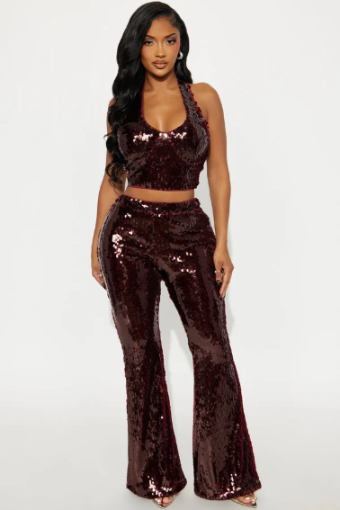 Conjunto Lentejuelas Vino Top + Pantalón
