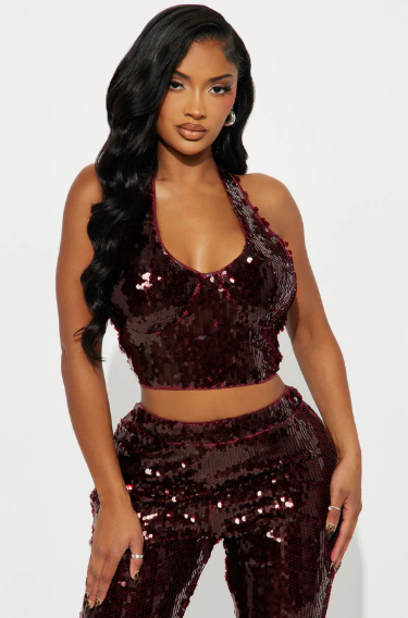 Conjunto Lentejuelas Vino Top + Pantalón
