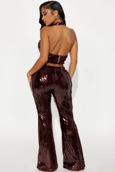 Conjunto Lentejuelas Vino Top + Pantalón