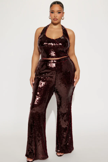 Conjunto Lentejuelas Vino Top + Pantalón